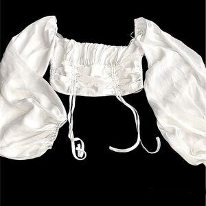 O Vianca white silky crop top roughing and balloon sleeves size small